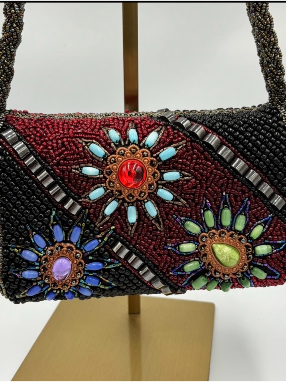 Vintage Style Beaded Shoulder Bag Boho Statement Purse Red Black Gem Embellished